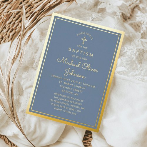 Elegant Dusty Blue Gold Religious Cross Baptism  Foil Invitation