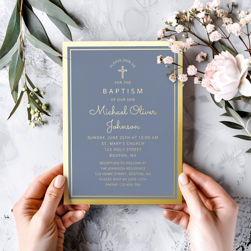 Elegant Dusty Blue Gold Religious Cross Baptism  Foil Invitation