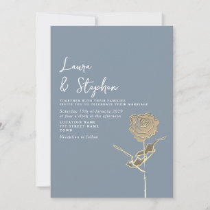Elegant Dusty Blue Gold Rose Wedding Invitation