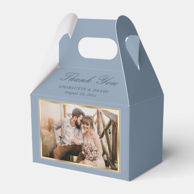 Elegant Dusty Blue Gold Wedding Photo Thank You Favor Boxes (Back Side)