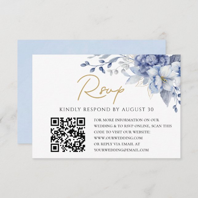 Elegant Dusty Blue gold  Wedding QR code RSVP (Front/Back)