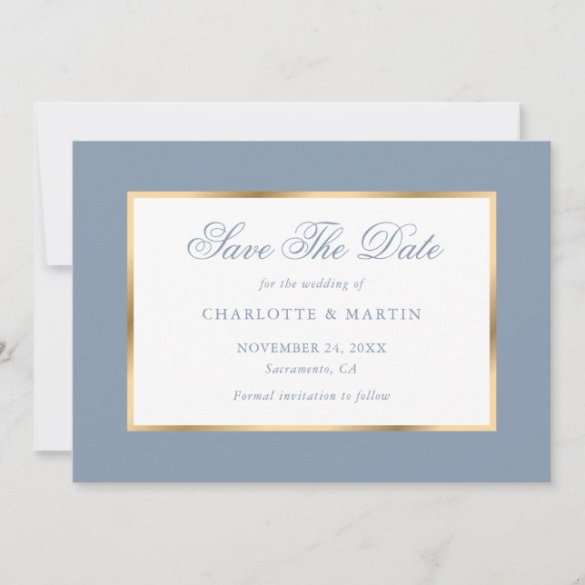 Elegant Dusty Blue Gold Wedding Save The Date (Front)