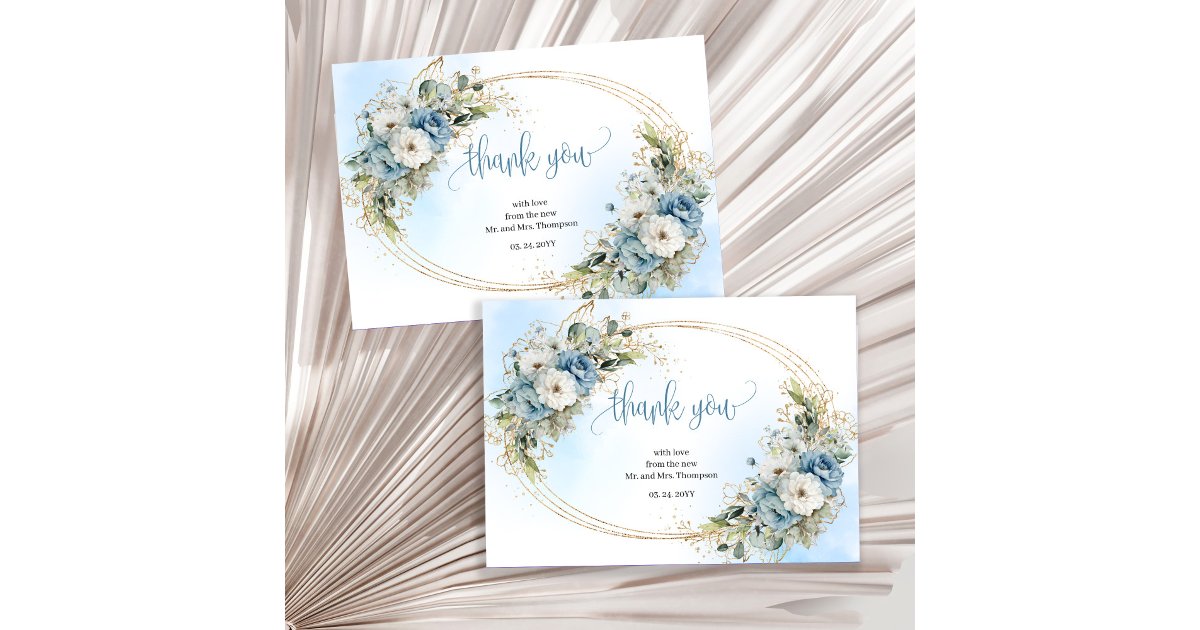 Elegant Dusty Blue Gold Wedding thank you card | Zazzle
