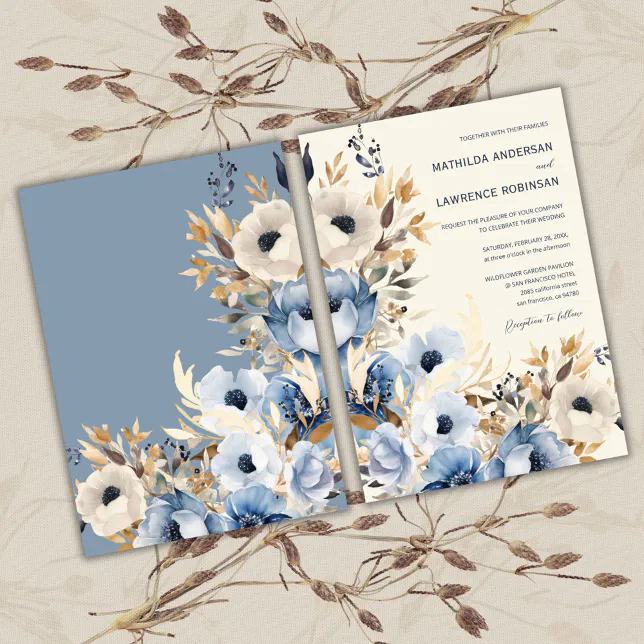 Elegant Dusty Blue Gold Winter Floral Wedding Invitation | Zazzle