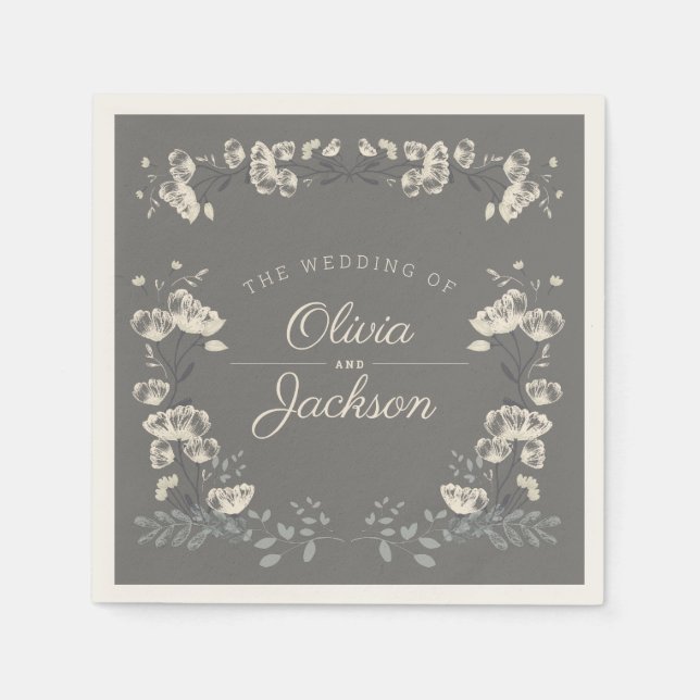 Elegant dusty blue gray and white floral wedding napkins (Front)