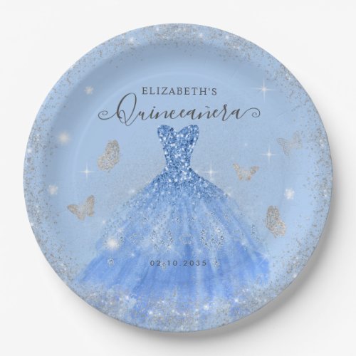 Elegant Dusty Blue Gray Glitter Gown Quinceaera Paper Plates
