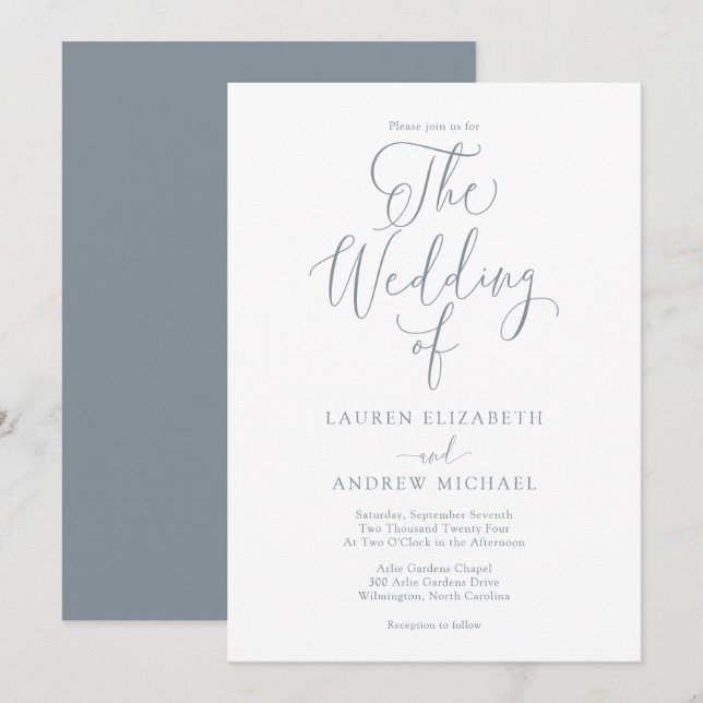 Elegant Dusty Blue Gray Minimalist Wedding Invitation (Front/Back)