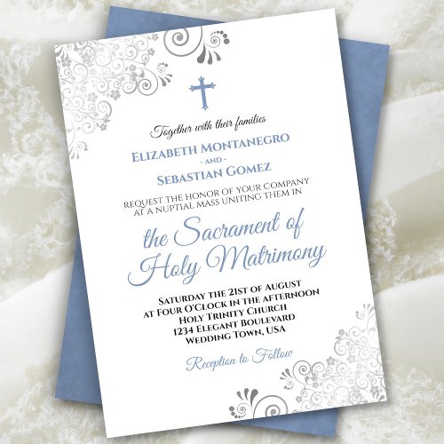 Elegant Dusty Blue  Gray Modern Catholic Wedding Invitation
