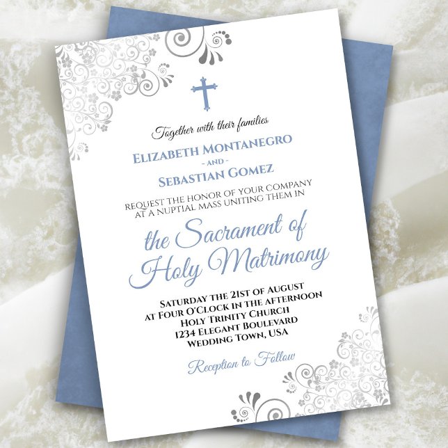 Elegant Dusty Blue & Gray Modern Catholic Wedding Invitation (In Situ Front/Back)