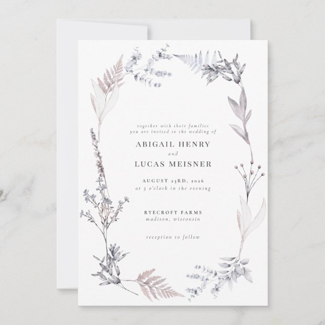 Elegant Dusty Blue Gray Wildflower Wedding Invitation (Front)