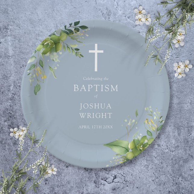 Elegant Dusty Blue Greenery Baptism Christening Paper Plates (Elegant Dusty Blue Greenery Baptism Christening Paper Plates)
