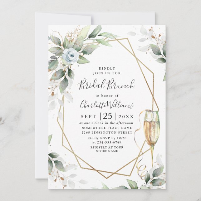 Elegant Dusty Blue  Greenery Bridal Brunch Invitat Invitation (Front)
