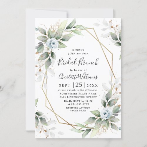 Elegant Dusty Blue  Greenery Bridal Brunch Invitation