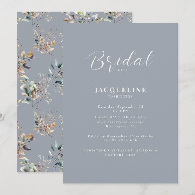 Elegant Dusty Blue Greenery Bridal Shower Invitation (Front/Back)