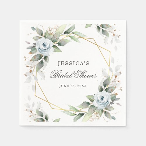 Elegant Dusty Blue Greenery Bridal Shower Paper Napkins