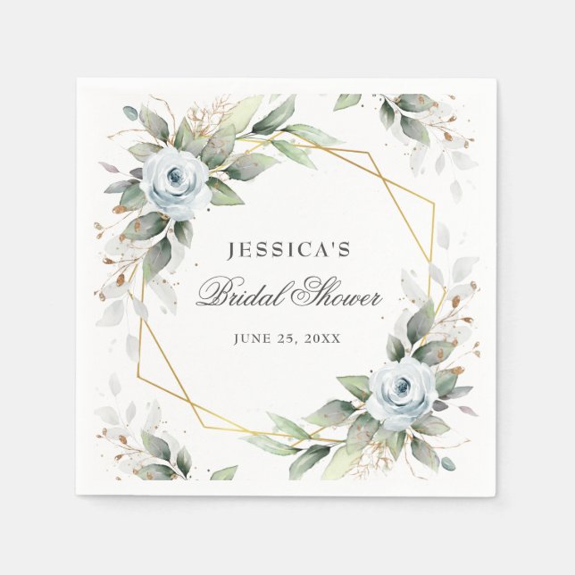 Elegant Dusty Blue Greenery Bridal Shower Paper Napkins (Front)