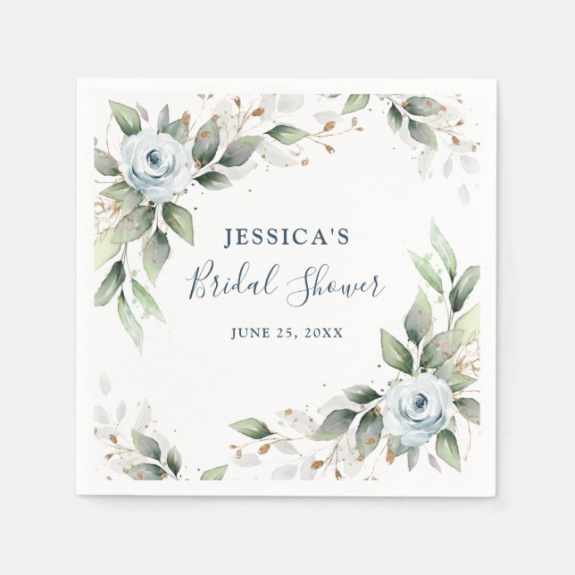 Elegant Dusty Blue Greenery Bridal Shower Paper Napkins (Front)