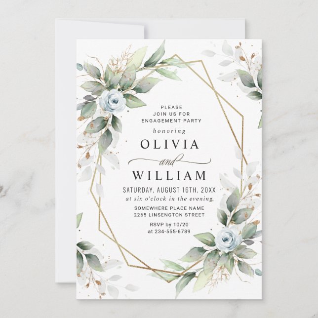 Elegant Dusty Blue  Greenery ENGAGEMENT PARTY Invitation (Front)