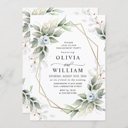 Elegant Dusty Blue  Greenery ENGAGEMENT PARTY Invitation