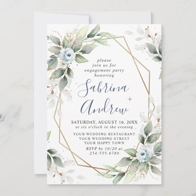 Elegant Dusty Blue  Greenery ENGAGEMENT PARTY Invitation (Front)