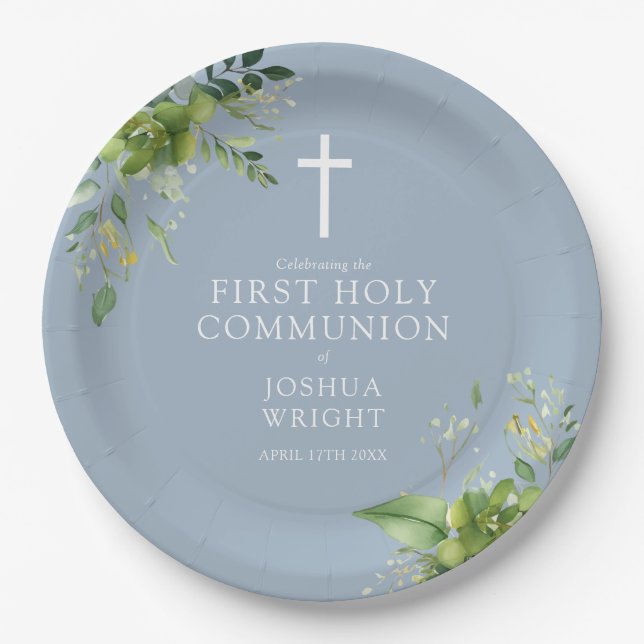 Elegant Dusty Blue Greenery First Holy Communion Paper Plates (Front)