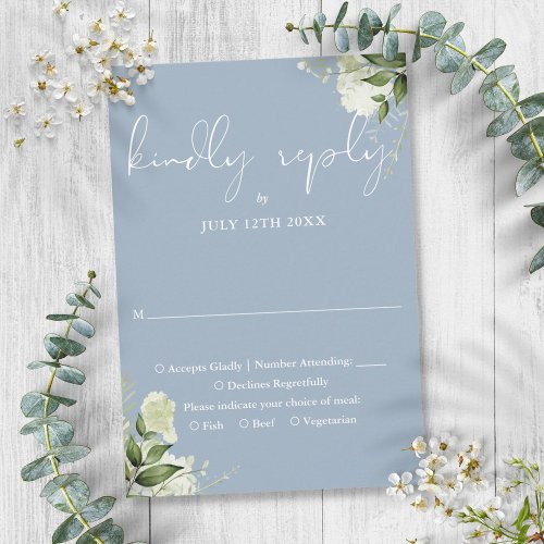 Elegant Dusty Blue Greenery Floral Wedding RSVP Card