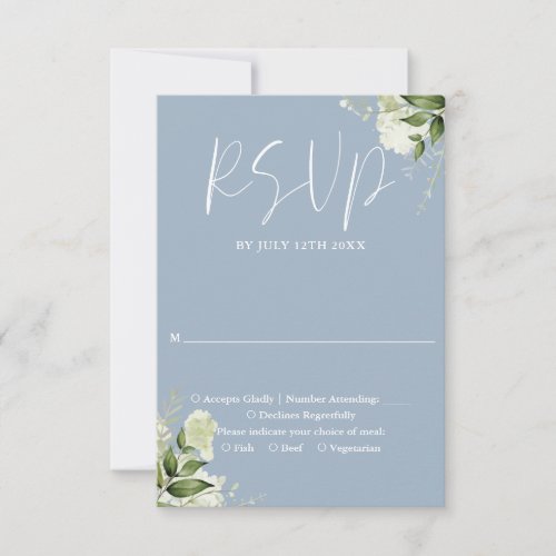 Elegant Dusty Blue Greenery Floral Wedding RSVP Card