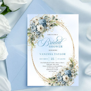 Elegant Dusty Blue Greenery Gold Bridal Shower Invitation