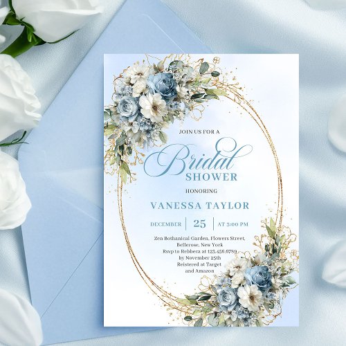 Elegant Dusty Blue Greenery Gold Bridal Shower 