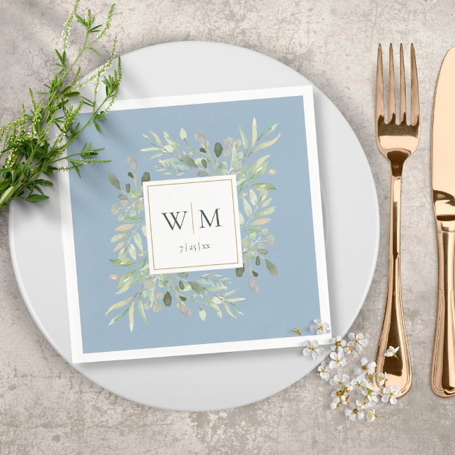 Elegant Dusty Blue Greenery Gold Monogram Napkins (Creator Uploaded)