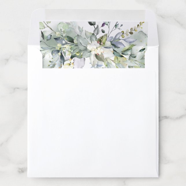 Elegant Dusty Blue Greenery Leaves Gold Square Envelope Liner (In Envelope)