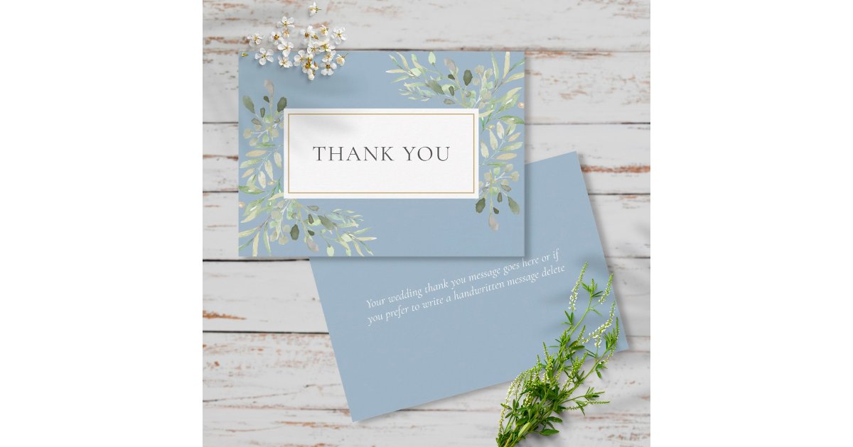 Elegant Dusty Blue Greenery Leaves Wedding Thank You Card | Zazzle