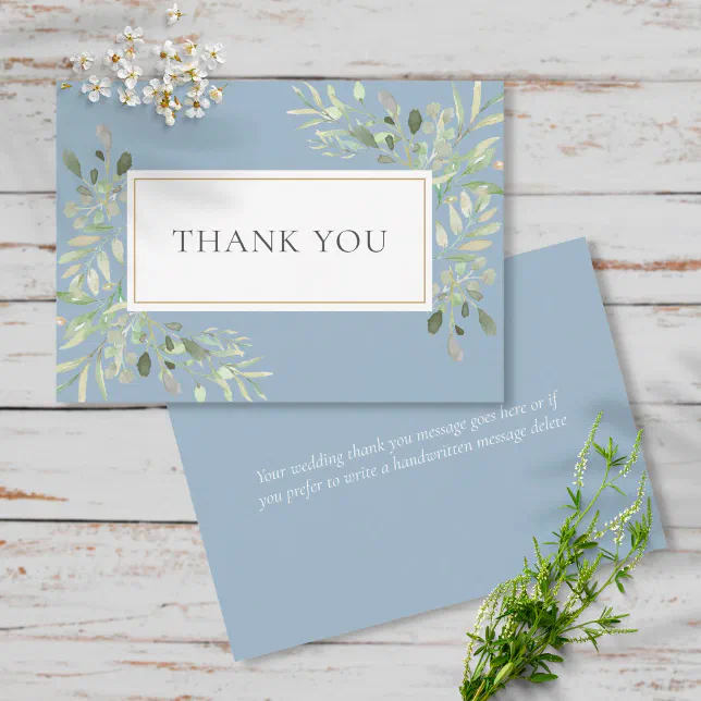 Elegant Dusty Blue Greenery Leaves Wedding Thank You Card | Zazzle