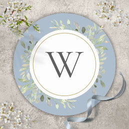 Elegant Dusty Blue Greenery Monogram Initial Classic Round Sticker