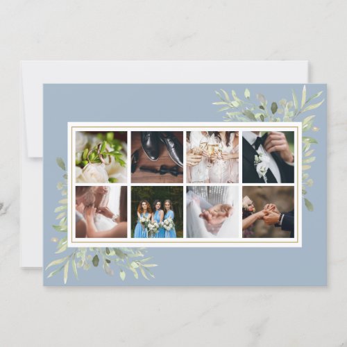 Elegant Dusty Blue Greenery Photo Collage Wedding Thank You Card
