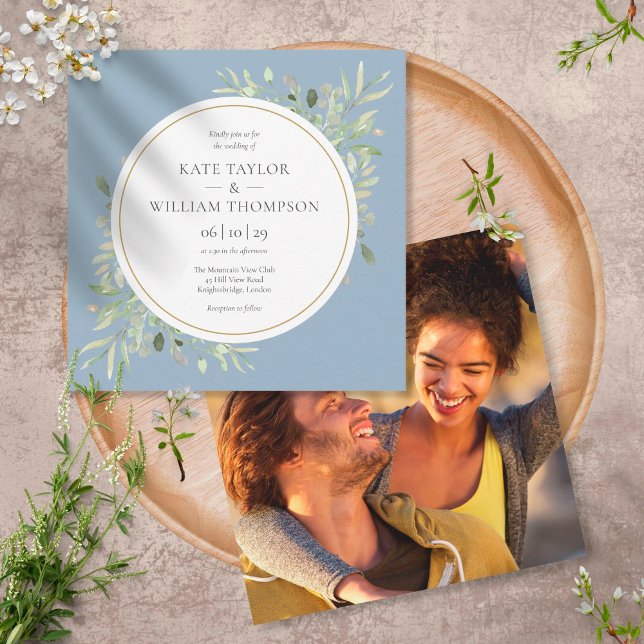 Elegant Dusty Blue Greenery Photo Square Wedding Invitation (Creator Uploaded)