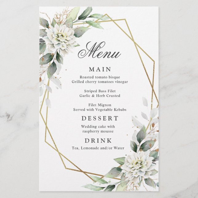 Elegant Dusty Blue Greenery Wedding Dinner Menu (Front)