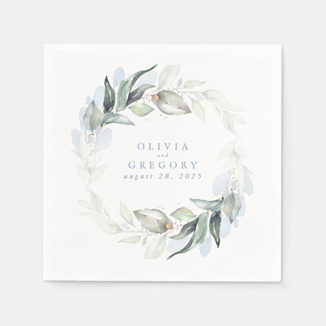 Elegant Dusty Blue Greenery Wedding Napkins (Front)