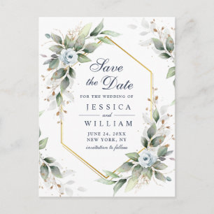 Elegant Dusty Blue Greenery Wedding Save the Date Postcard