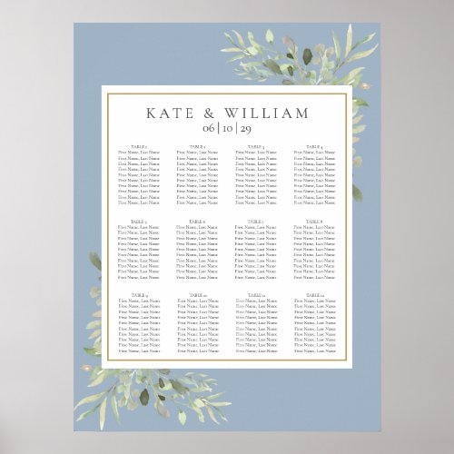 Elegant Dusty Blue Greenery Wedding Seating Chart