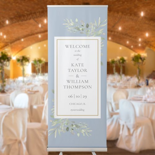 Elegant Dusty Blue Greenery Wedding Welcome Retractable Banner