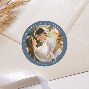 Elegant Dusty Blue Grey Couple Photo Wedding Favor Classic Round Sticker