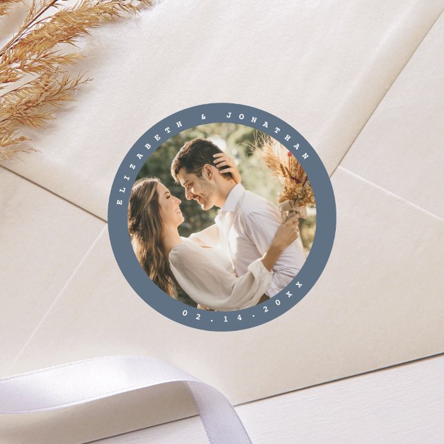 Elegant Dusty Blue Grey Couple Photo Wedding Favor Classic Round Sticker (Creator Uploaded)