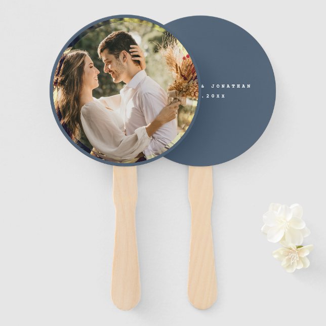 Elegant Dusty Blue Grey Couple Photo Wedding Favor Hand Fan (Front and Back)