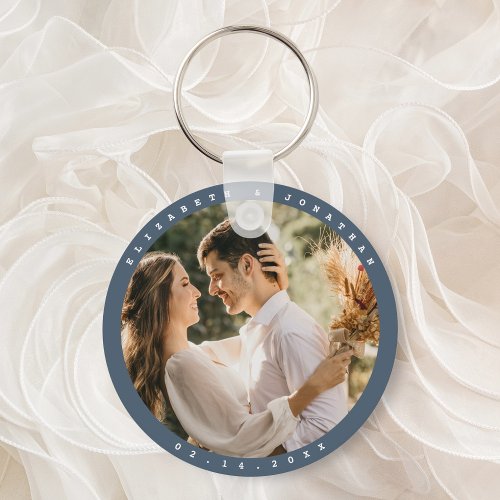 Elegant Dusty Blue Grey Couple Photo Wedding Favor Keychain