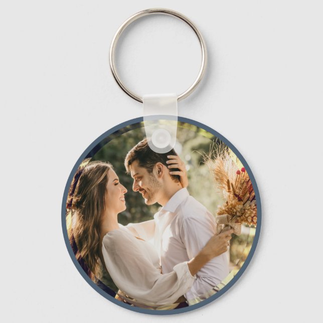 Elegant Dusty Blue Grey Couple Photo Wedding Favor Keychain (Front)