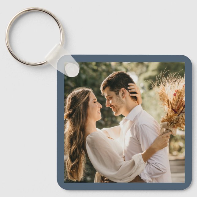 Elegant Dusty Blue Grey Couple Photo Wedding Favor Keychain (Front)
