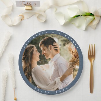 Elegant Dusty Blue Grey Couple Photo Wedding Paper Plates by littleteapotdesigns at Zazzle