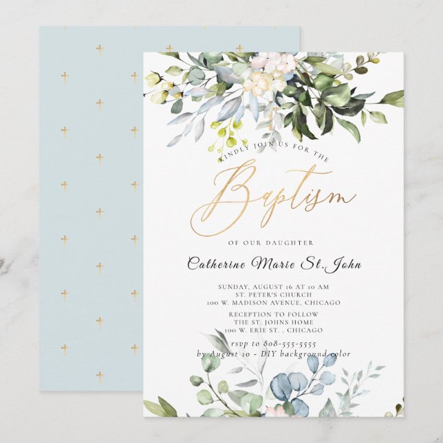 Elegant Dusty Blue Gum Eucalyptus Faux Gold Invitation (Front/Back)