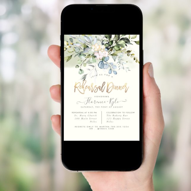 Elegant Dusty Blue Gum Eucalyptus Rehearsal Dinner Invitation (Front Digital)